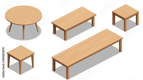 A collection of wooden tables and benches on a white background
