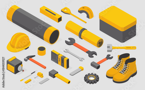 Isometric construction tools and safety equipment on white background, vector illustration showcasing helmets, hammers, wrenches, protective gear, building tools, workplace safety, construction concep