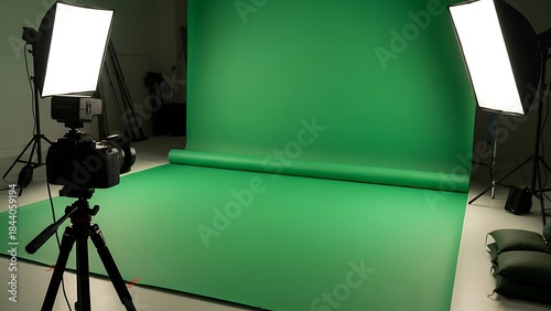 Professional photo studio setup with green screen backdrop, camera on tripod, and softbox lighting, ready for chroma key video production.