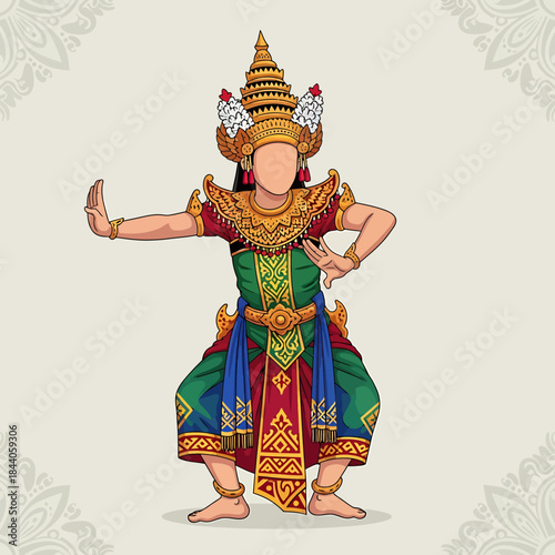 Traditional Southeast Asian dancer in elaborate golden costume performing classical dance.