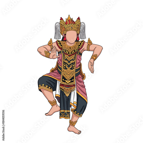 Balinese traditional dancer in elaborate golden and pink costume performing a graceful pose.