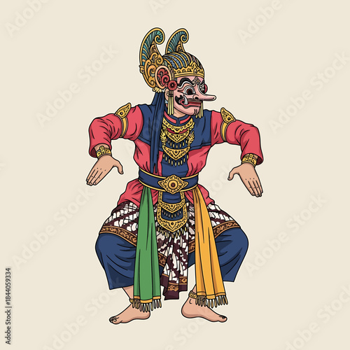 Traditional Indonesian masked dancer in elaborate costume and headwear performing a cultural dance, showcasing rich heritage and artistry.