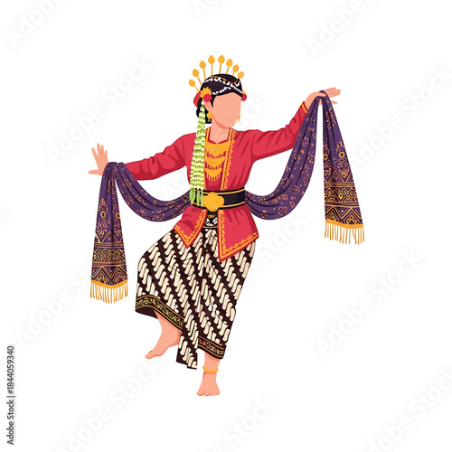 An illustration of a traditional Indonesian dancer in elaborate red and purple attire, performing a graceful cultural dance with a patterned sarong and ornate headpiece.