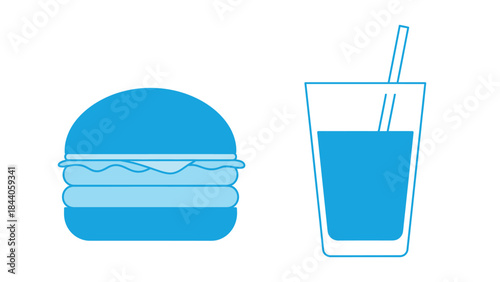 Vector illustration of A hamburger and two glasses of juice in different colors