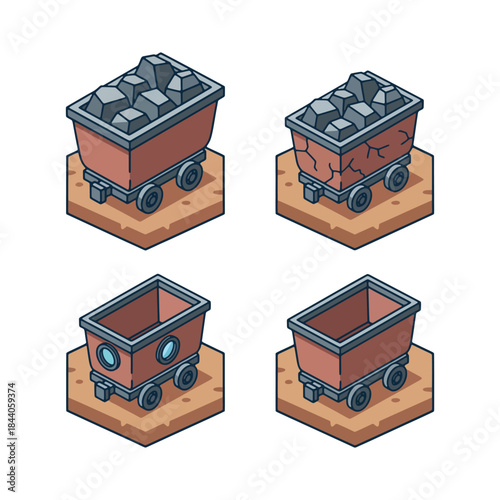 Isometric filled mine carts with coal and ore vector for transport.