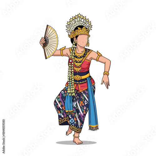 Traditional Indonesian dancer in elaborate costume holding a fan, performing a cultural dance illustration.