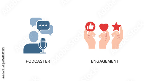 Vector illustration of A podcaster with social media engagement symbols and a microphone