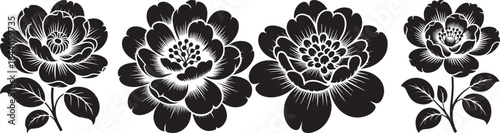 Decorative black floral border with blooming flowers isolated on white background