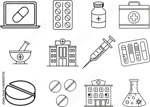 Pharmaceutical line icon set