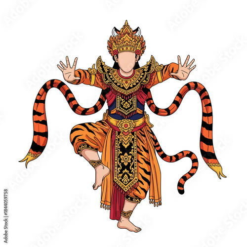 Detailed illustration of a traditional dancer in an elaborate tiger-themed costume and golden headdress, performing a dynamic pose.