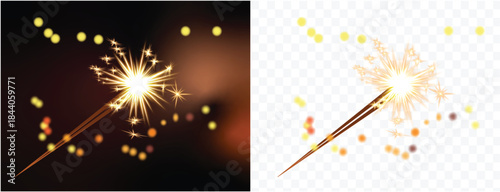 Sparkler burning with bright golden sparks and bokeh lights on dark background, celebration and festive concept
