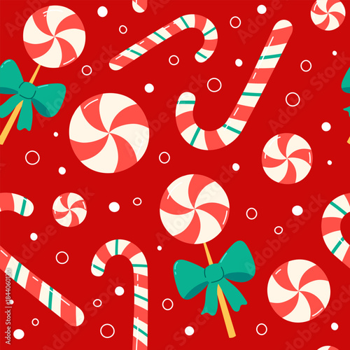 Christmas pattern seamless vector illustration. Cute lollipops and candy canes. Colorful festive Xmas background with simple sweet holiday elements and decorative doodles
