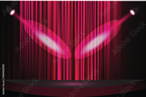 Bright pink stage curtains illuminated by two spotlights on a dark stage, dramatic lighting effect for performance or show