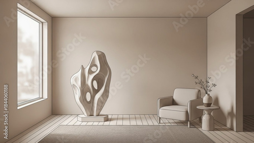 Sculptural Elegance: A minimalist living space, features a large abstract sculpture, an armchair, and a small side table, all illuminated by natural light pouring in from a large window.