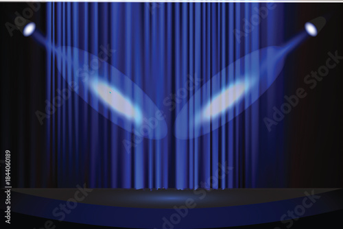 Blue stage curtain illuminated by two spotlights creating a dramatic performance or theater entrance effect on a dark background