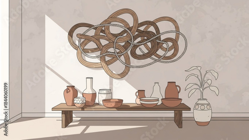 Abstract Home Decor: The soft light bathes the room, illuminating artistic wall decor above an assortment of carefully arranged pottery, creating a serene ambiance in a modern space.