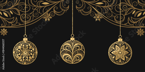Black background with elegant gold ornaments suspended, featuring a luxurious festive and holiday vibe.
