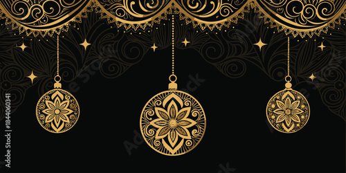 Black background with elegant gold ornaments suspended, featuring a luxurious festive and holiday vibe.