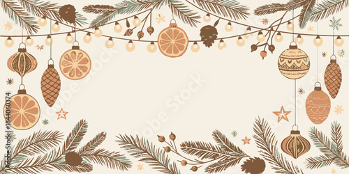 Boho-style Christmas border vector featuring earthy elements, natural decorations, and a warm, cozy holiday vibe.