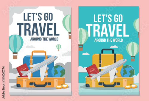 Worldwide Travel Poster Set with 3D Luggage, Airplane, and Let’s Go Travel Text
