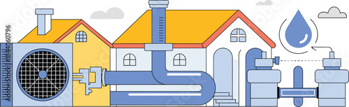 Home utility systems illustration, ventilation sewerage and water filtering process, residential infrastructure diagram, flat design technical vector