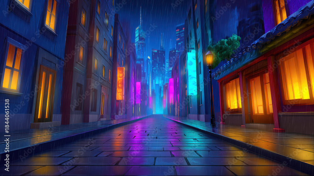 Fototapeta premium Vibrant Neon Fantasy City Street Illustration Under Rainy Night Sky with Colorful Lights and Reflections