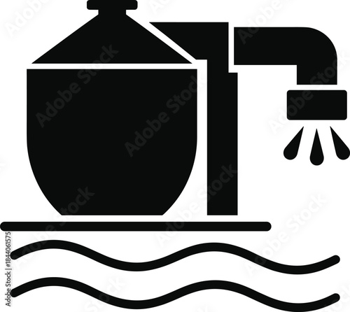 Water filtration tank icon illustration, industrial water treatment system, storage and shower outlet symbol, black solid vector design