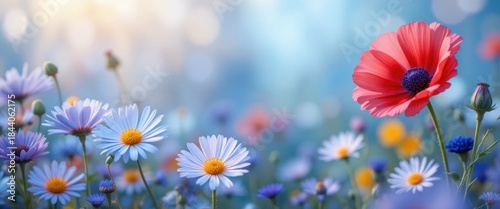 A vibrant field of colorful flowers, featuring daisies and a striking red flower, set against a soft blue background.