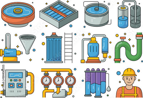 Water treatment process icons set, industrial filtration equipment, clean water system elements, flat outline illustration collection design