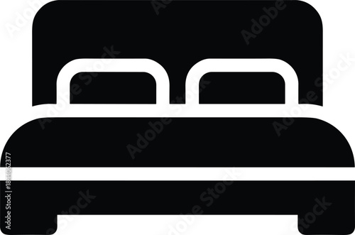 Bed silhouette icon, minimalist bedroom symbol, double pillow headboard, sleep accommodation sign, lodging vector, rest and comfort graphic, black white