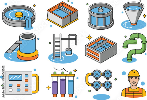 Water treatment process icons set, industrial filtration equipment, clean water system elements, flat outline illustration collection design