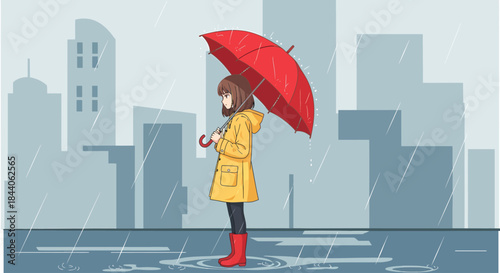 Rainy Day Reverie: A solitary figure, sheltered by a vibrant red umbrella, stands amidst a cityscape, embodying quiet contemplation during a gentle rain. 