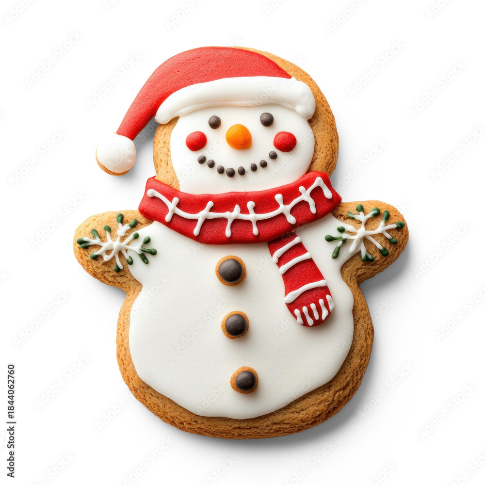Fototapeta premium A gingerbread snowman cookie with a red hat, white scarf, and green snowflakes on a white background.