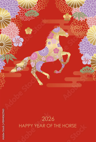 2026, The Year Of The Horse, New Year’s Greeting Card Template With A Prancing Horse Silhouette And Japanese Vintage Floral Patterns. Vector Illustration. 