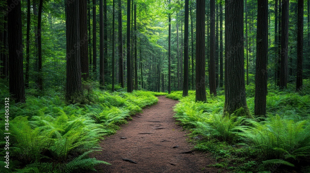 Obraz premium Forest path, ferns, trees, sunlight, nature, tranquil, background, wallpaper