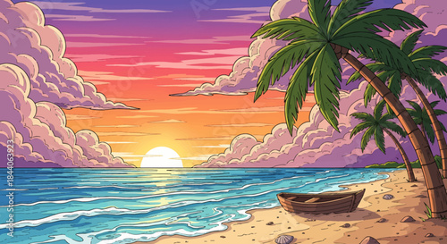 Tropical Paradise: A breathtaking illustration of a tropical beach scene, with palm trees gently swaying against a backdrop of a colorful sunset, with calm waves and a boat.