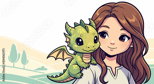 Girl and Dragon: A cute girl and a baby dragon are forming a strong friendship, standing in the gentle rolling landscape, captured a touch of innocence and camaraderie.