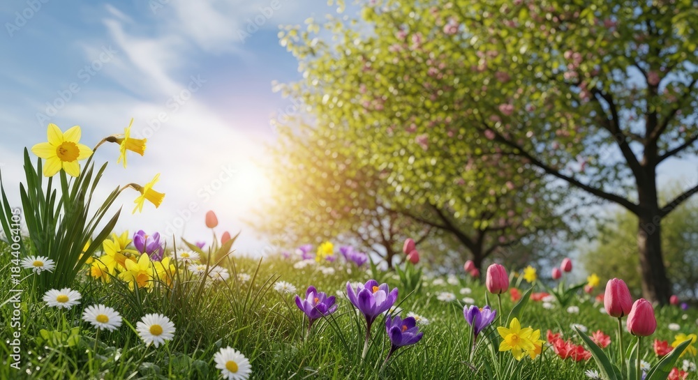 Obraz premium A vibrant spring garden with daffodils, tulips, and crocuses in full bloom under a clear blue sky with a few scattered clouds.