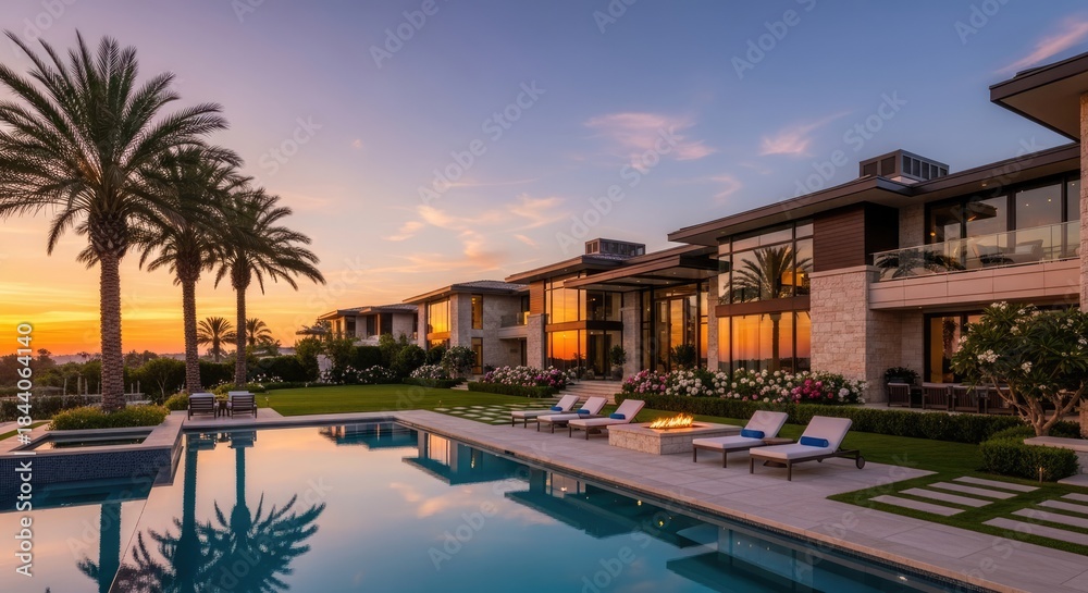 Obraz premium A luxurious modern mansion with a pool and palm trees at sunset.