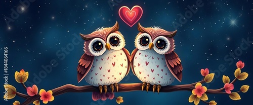 Two charming owls perched on a heart-adorned branch under a starry night, symbolizing affection and togetherness,  happy,  affection