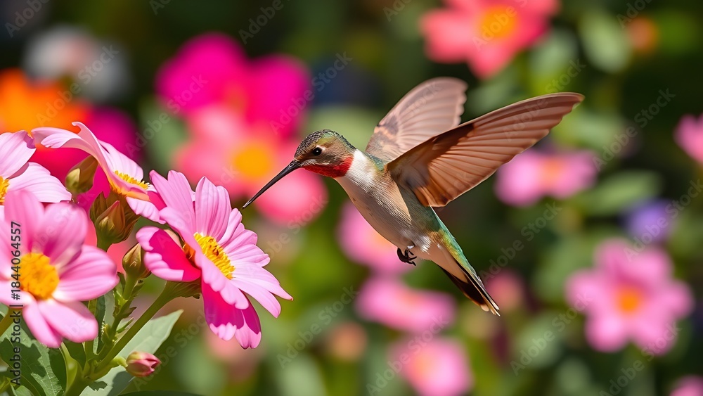 Naklejka premium selectively. Hummingbird hovering at garden flowers with motion blur wings and floral background. wildlife magazines, conservation campaigns, designed for nature documentaries and education.
