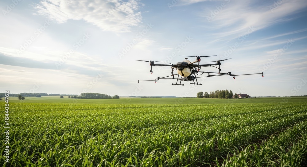 Naklejka premium A drone flying over a green field with a blue sky in the background.