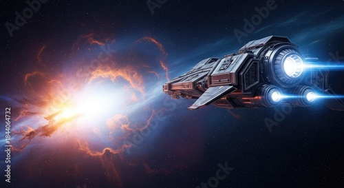 Wallpaper Mural A spaceship flying through space with a glowing blue light in the background. Torontodigital.ca