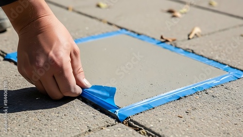 Lifting blue painter's tape from a freshly painted concrete paving stone