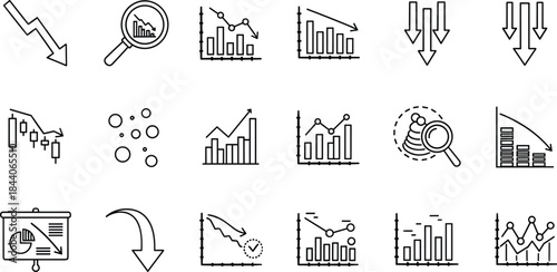 Business analytics and finance line icons set, charts graphs arrows statistics data analysis growth decline dashboard vector outline