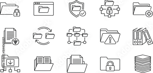File folder management line icons set, for document security organization backup sync cloud storage workflow user interface design vector outline