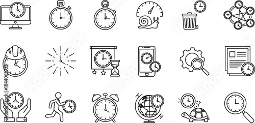 Time efficiency productivity line icons set featuring clocks deadlines speed workflow scheduling tracking business management vector illustration minimal design