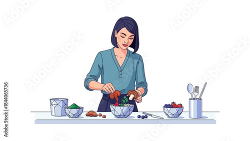 Healthy Eating Lifestyle: Woman Adding Fresh Ingredients to a Bowl for a Nutritious Meal. Mindful Cooking and Wellness Illustration.