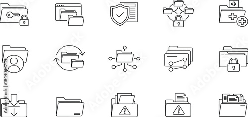 Vector line icon set featuring file management, cloud storage, data security, folder organization, office administration, and document protection systems symbols.