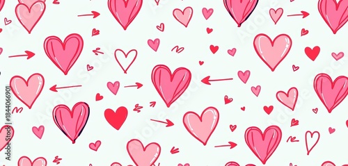 Playful collection of hand-drawn heart illustrations, love arrows, and sweet scribbles creating a cute, simple, and artistic doodle pattern,  emotion,  drawing